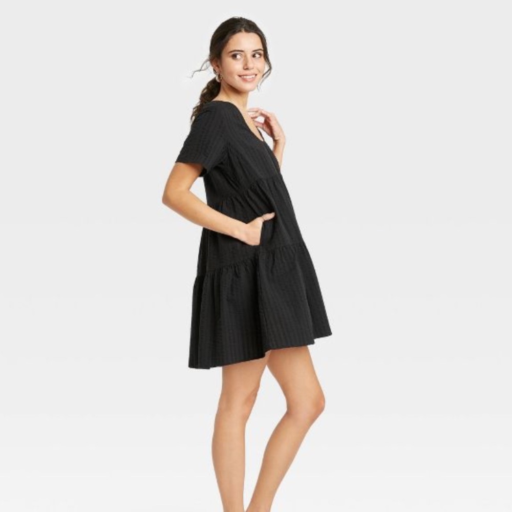 A New Day Flutter Black Short Sleeve Tiered Dress
